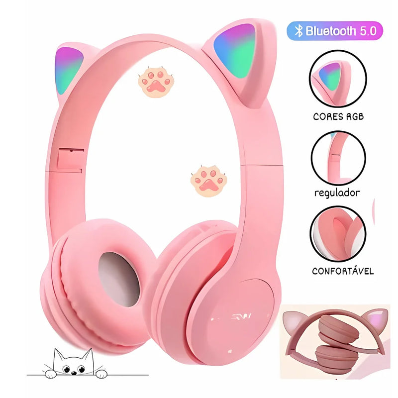Fone Bluetooth Gatinho com LED – Várias Cores, Conforto e Diversão!